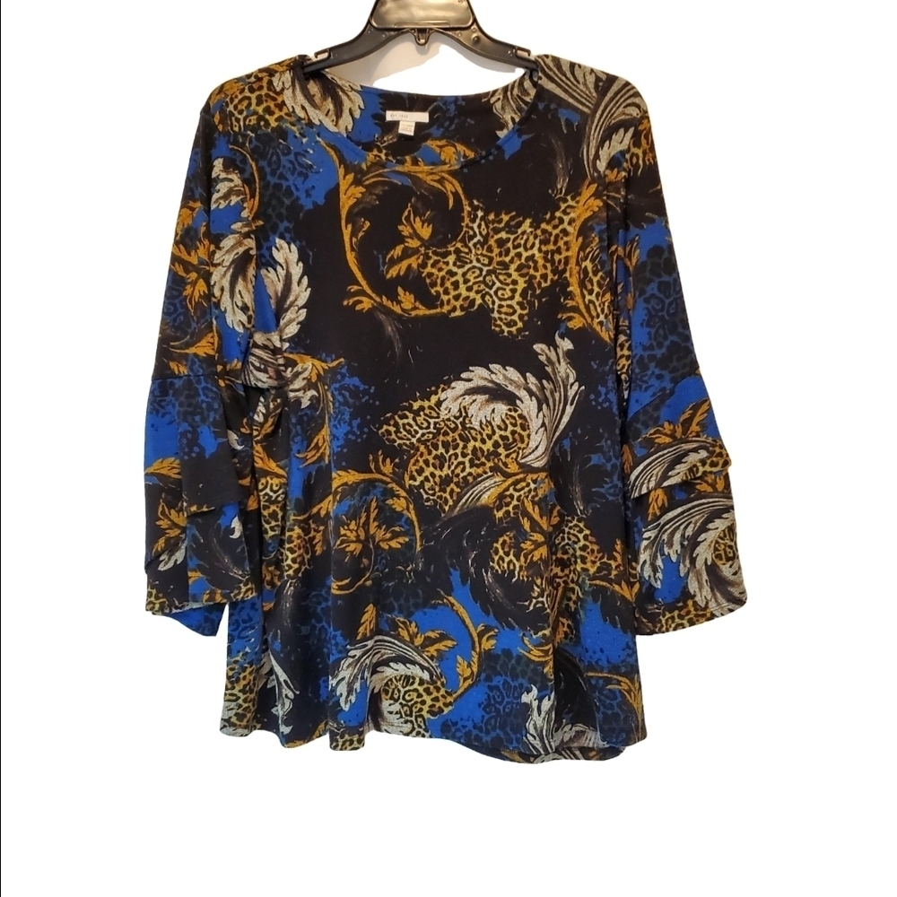 🇺🇸Gorgeous Blue and Black 3/4 Bell Sleeve Top Size 22/24W